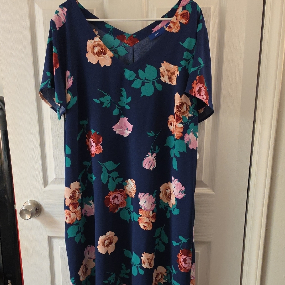 Apt. 9 Navy Floral V-Neck Dress with Pink & Teal Accents
